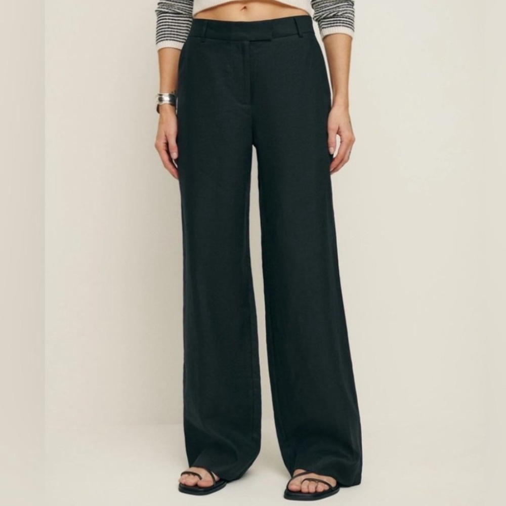 Reformation Carter Mid Rise Wide Leg Linen Trouser Pant Black size 4 Petite